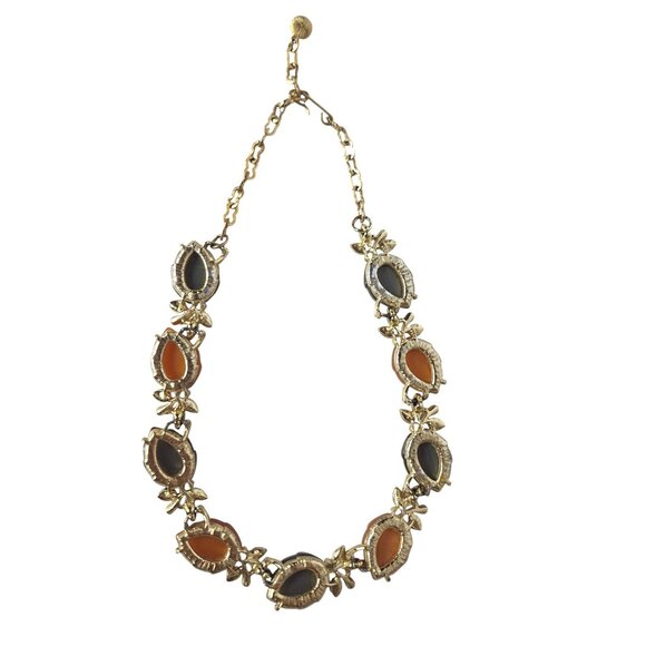 Vtg Statement Collar Necklace Gold Tone Orange Gray Stone Leaf Detail Autumncore - Picture 4 of 5